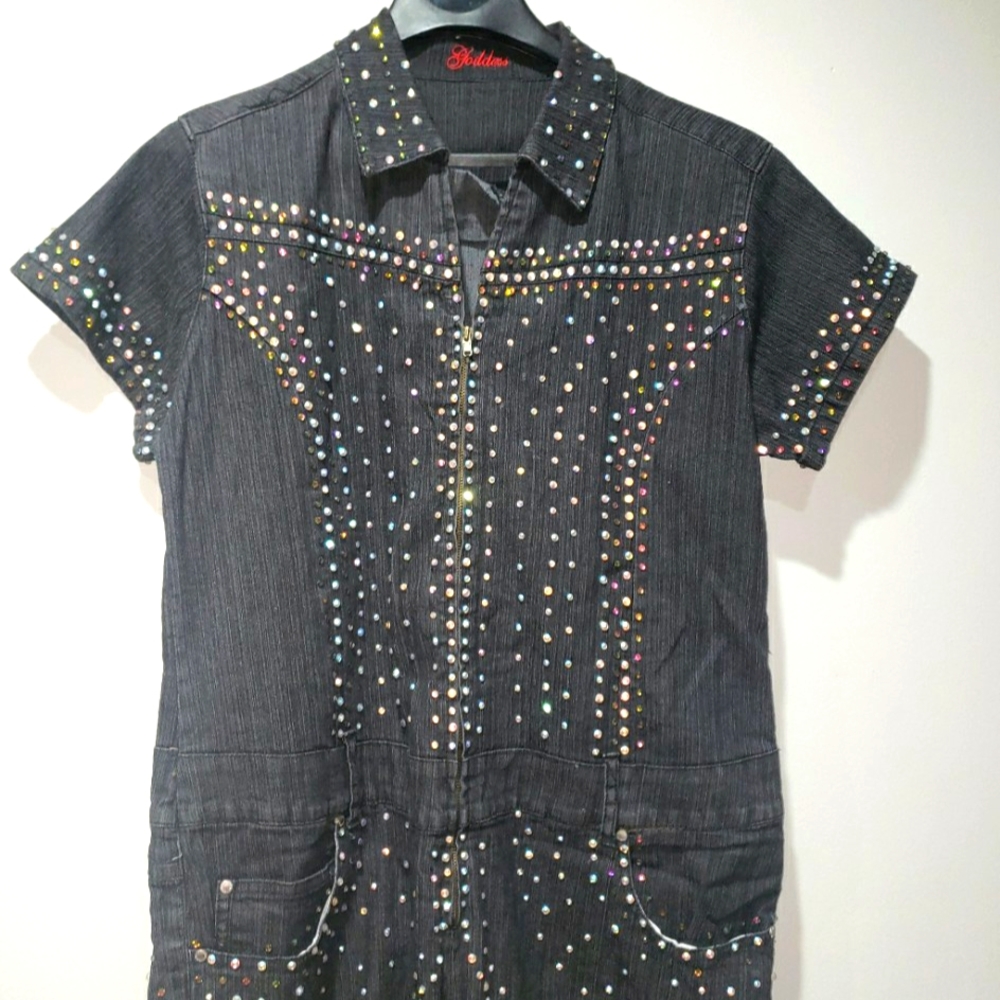 ✨️🎅🏾🎄WOMEN'S SIZE 20 BLACK/BLUE HAND BEDAZZLED JEAN JUMPSUIT